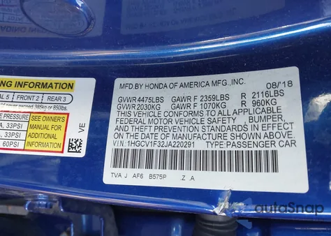 2018 Honda Accord Sport z USA, uszkodzony, nr VIN 1HGCV1F32JA220291